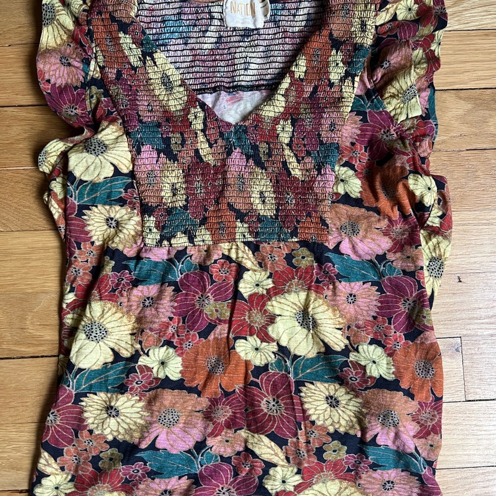 Nation LTD Floral Smocked V-Neck Tank in Rust, Yellow & Green - Picture 2 of 10